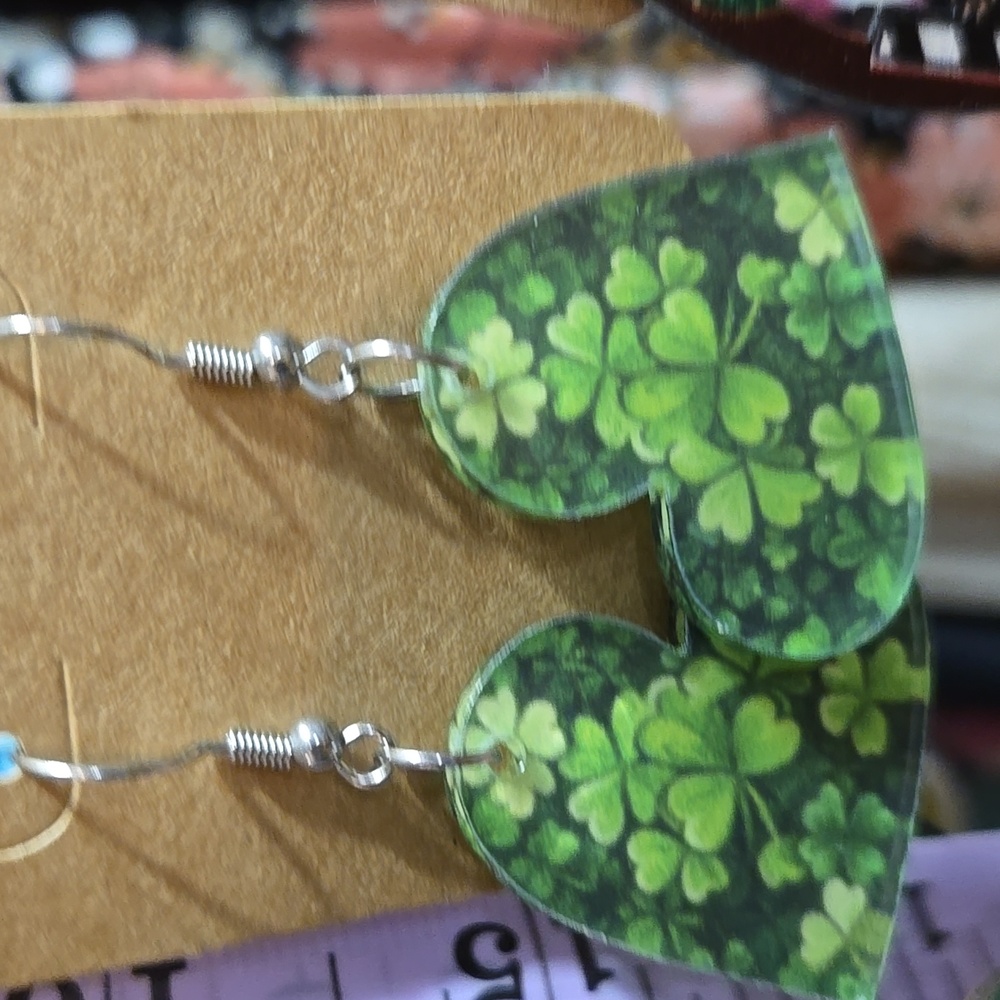 Arcylic Heart Shamrock Fishhook Earrings